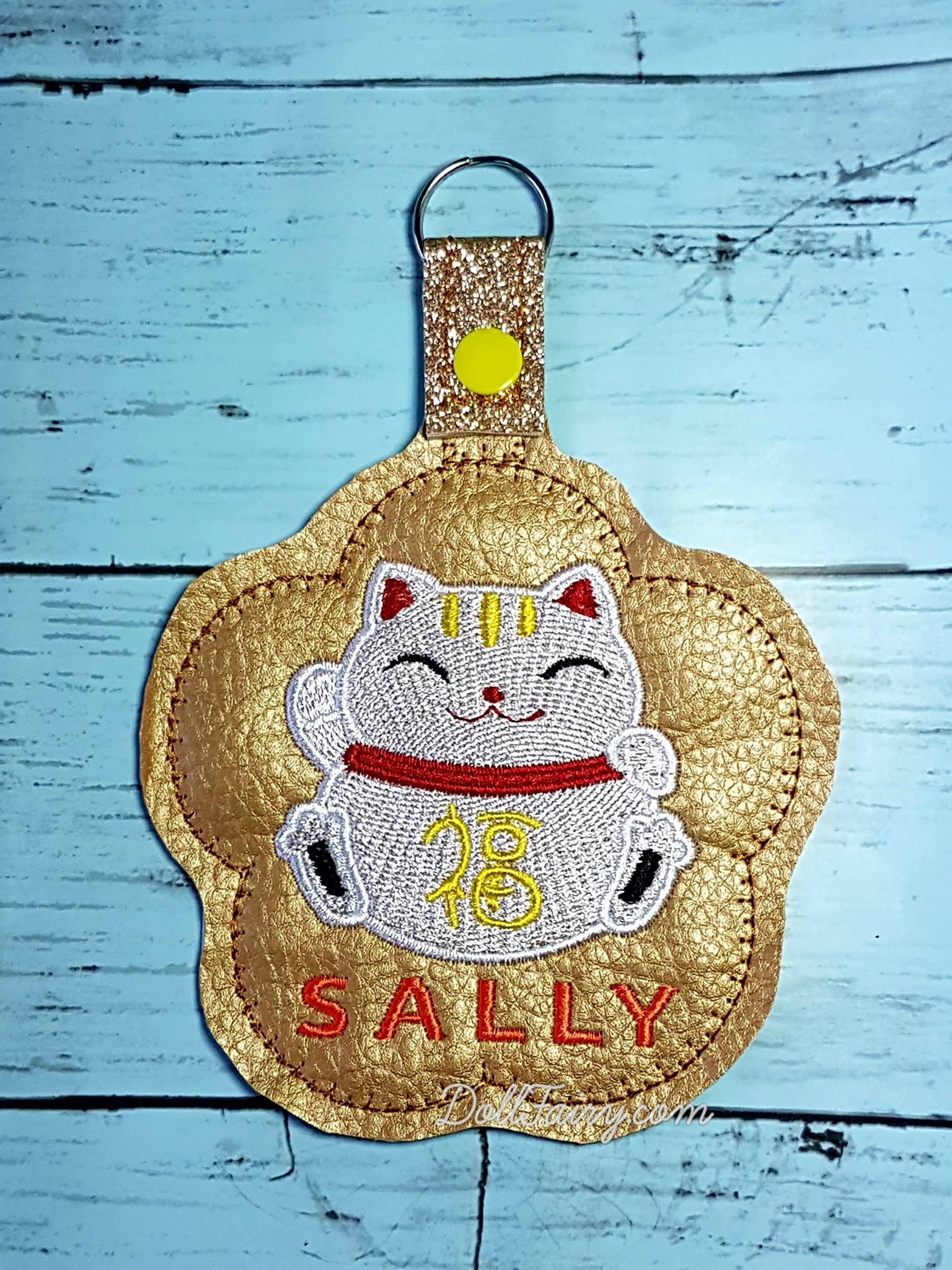 Fortune Cat Keychain with Personalised Name For Sally (Key Fob Snap Tab) 