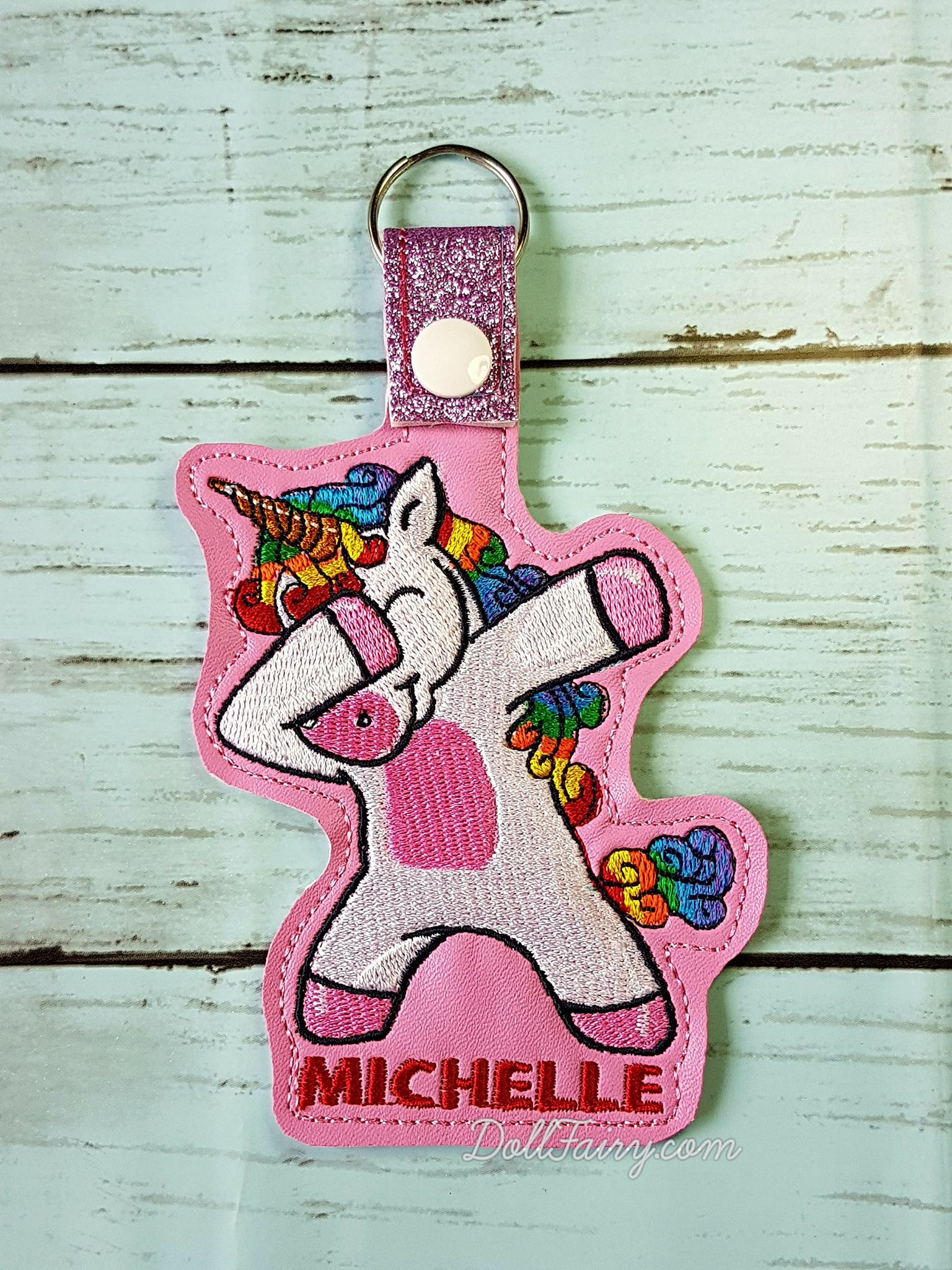 Dabbing Rainbow Unicorn Keychain with Personalised Name For Michelle (Key Fob Snap Tab) 