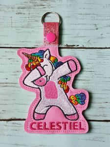 Dabbing Rainbow Unicorn Keychain with Personalised Name For Celestiel (Key Fob Snap Tab)