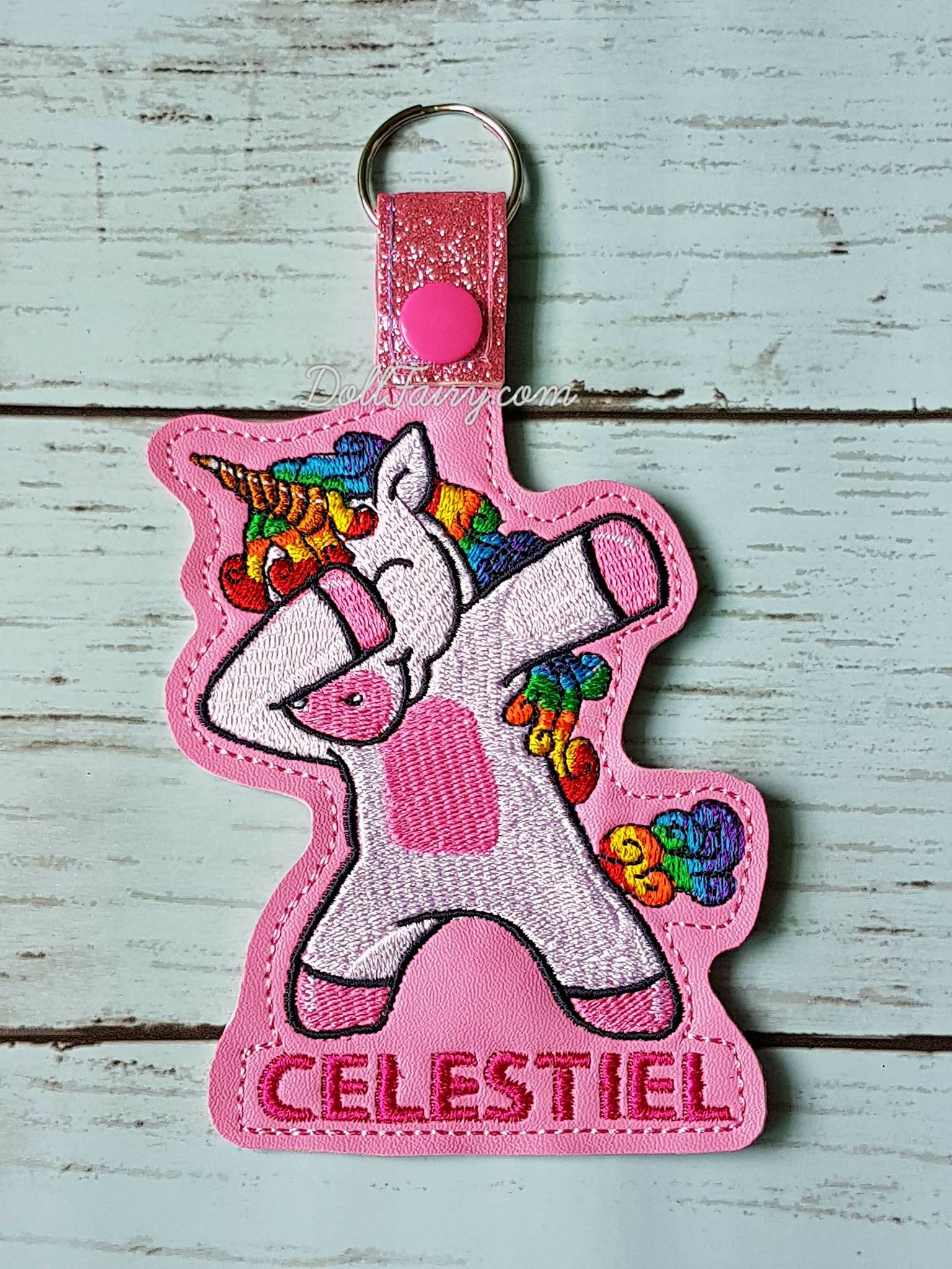 Dabbing Rainbow Unicorn Keychain with Personalised Name For Celestiel (Key Fob Snap Tab) 