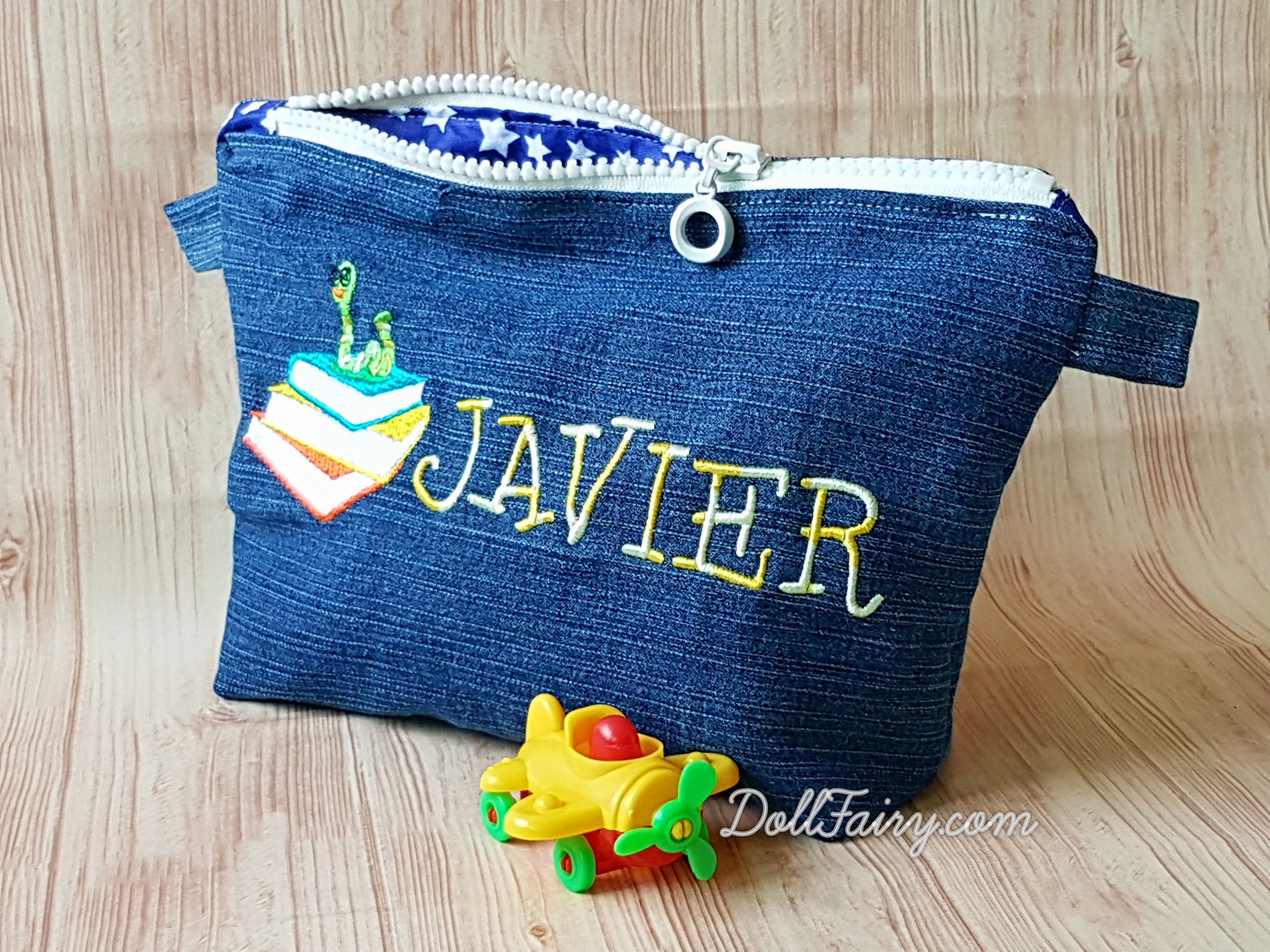 Bookworm Denim Pencil Case with Personalised Name For Javier