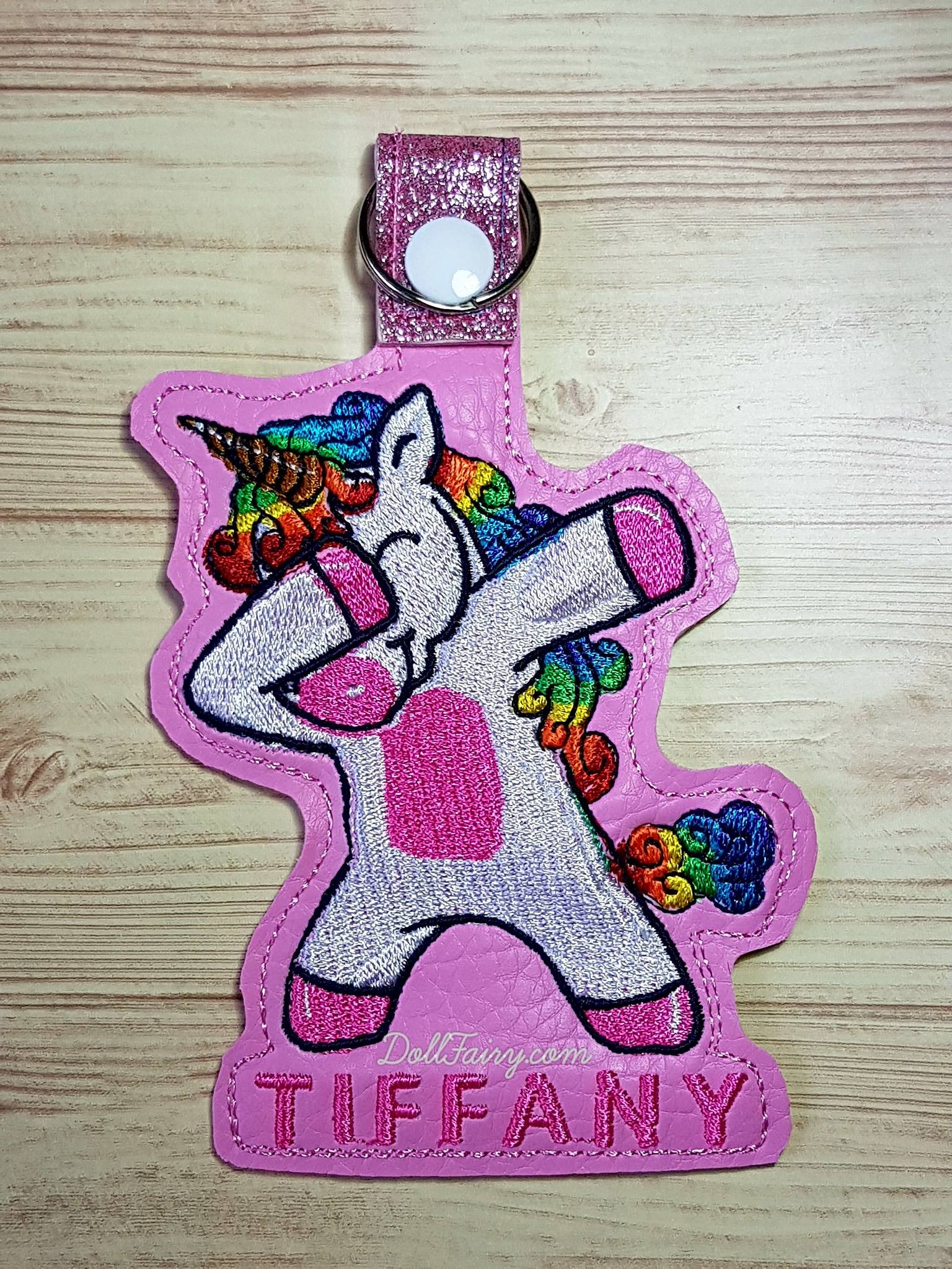 Dabbing Rainbow Unicorn Keychain with Personalised Name For Tiffany (Key Fob Snap Tab) 