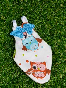 Comical owls cheongsam with blue oriental knot for a Yellow Sided Conure.