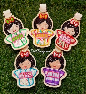 Group shot of the beautiful Kimono Kokeshi Japanese dolls key fob.